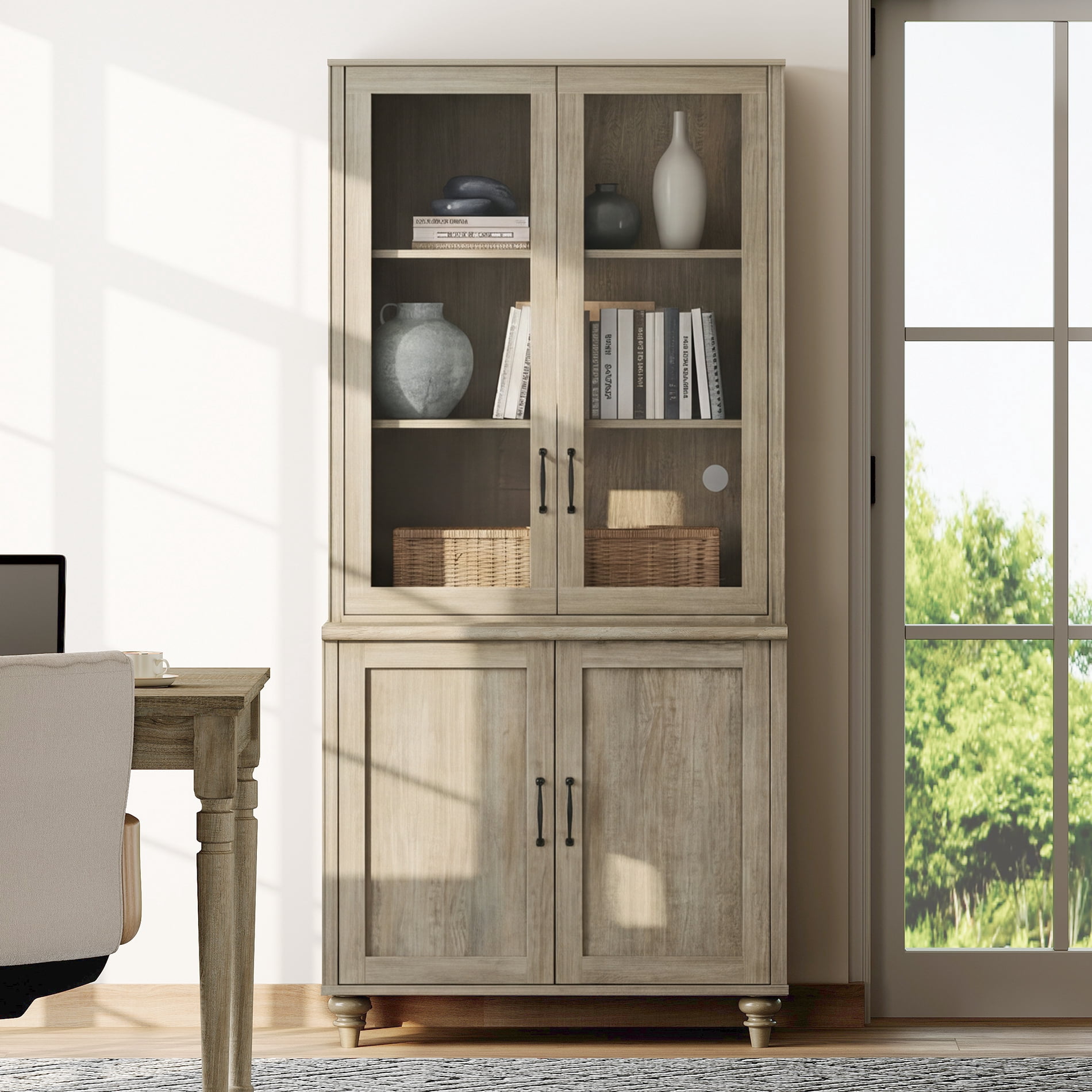 72.1"H × 33.9"W Large Farmhouse Wooden Bookcase with Glass Doors & Shelves, Storage Cabinet Bookcase for Living Room, Bedroom, Home Office & Kitchen, Wash Gray