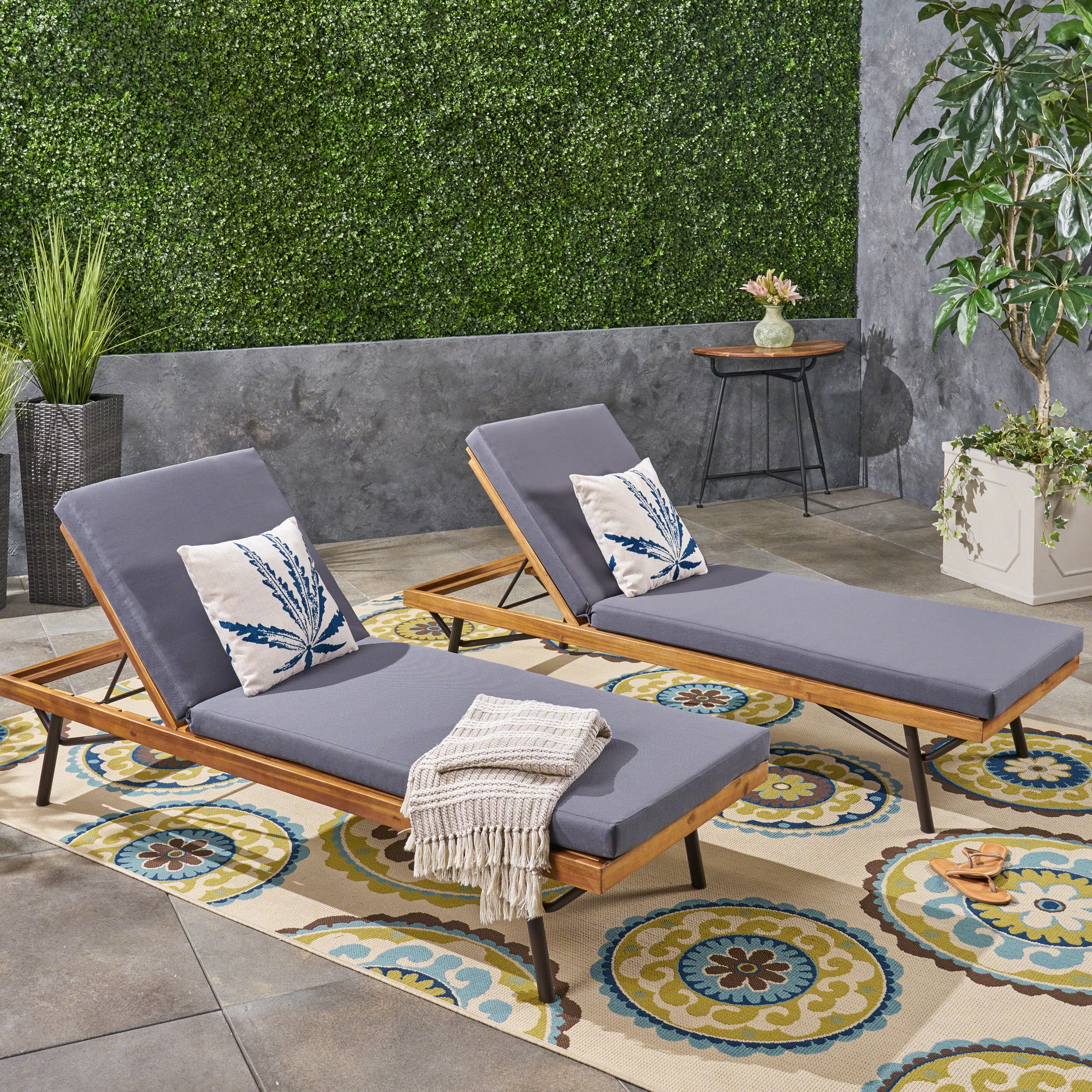 Marc Outdoor Acacia and Eucalyptus Wood Chaise Lounges with Cushions