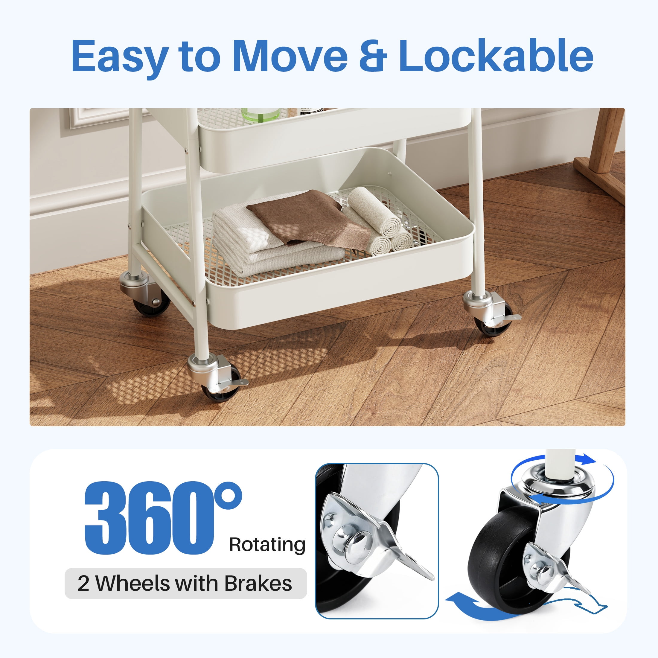 edx 3 Tier Rolling Cart, Metal Utility Storage with Lockable