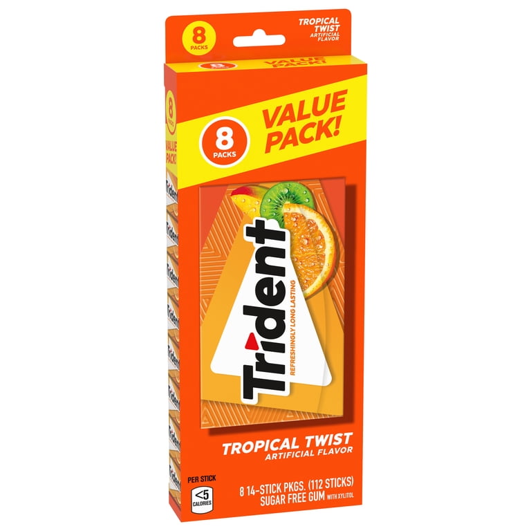 Trident Tropical Twist Sugar Free Gum, Value Pack, 8 Packs of 14 Pieces  (112 Regular Size Pieces) - Walmart.com
