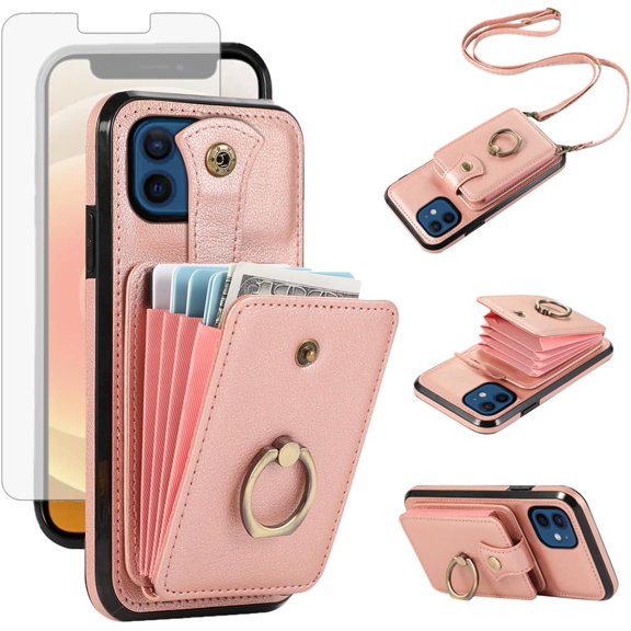 REQO Phone Case for iPhone 12 Mini 5.4 Wallet Cell Cover with Screen Protector and Crossbody Strap Ring Stand RFID Credit Card Holder iPhone12mini 5G i 12s iPhone12 12mini Women Girls Rose Gold
