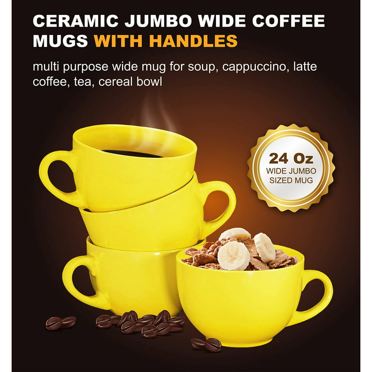 Bruntmor Jumbo Coffee Mug Set of 4 Yellow Blue Red Green, 24 Oz
