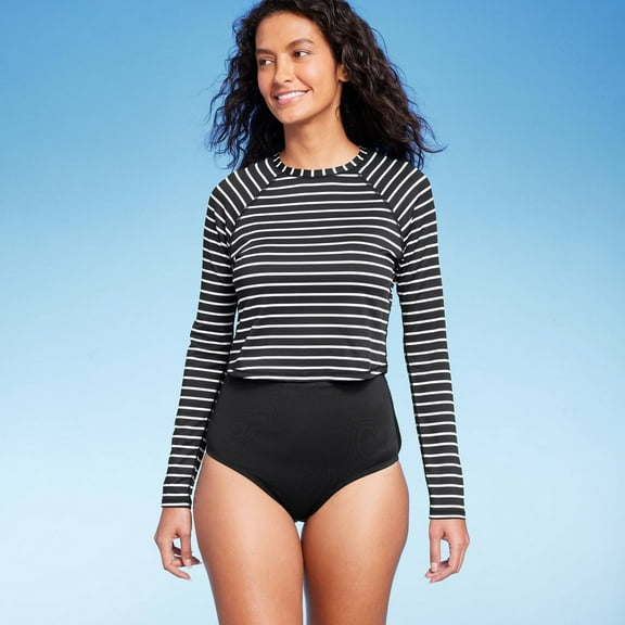 Women's UPF 50 Striped Cropped Crewneck Long Sleeve Rash Guard - Kona Sol‚Ñ¢ Black XL