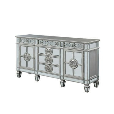 ACME Varian 6-Drawer Wooden Server with 2 Doors in Mirrored and Antique Platinum