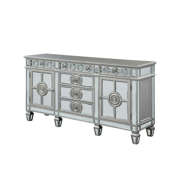 ACME Varian 6-Drawer Wooden Server with 2 Doors in Mirrored and Antique Platinum