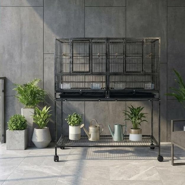 41 Inch Divided Breeding Flight Bird Cage with Rolling Stand. Detachable Breeder Parakeet Cage with Perches Food Boxes Slide-Out Tray. Large Bird Cages for Parrots Parakeet  Cockatiel Lovebird