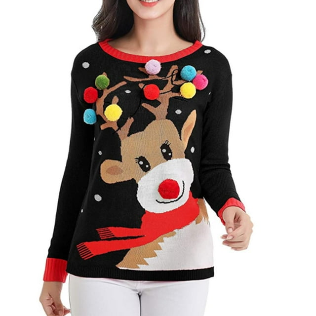 Dvkptbk Chandails de Noël pour Femmes Chandails de Noël pour Femmes Tricotés Col Rond Tricot Manches Longues Chandail Décontracté à Enfiler Haut Vêtements en Liquidation