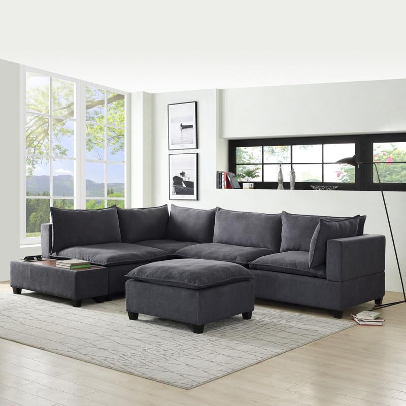 Bowery Hilll Down Feather Filled Fabric 6 Piece Sectional Sofa with Ottoman and USB Charging dalmatian costume for dogs