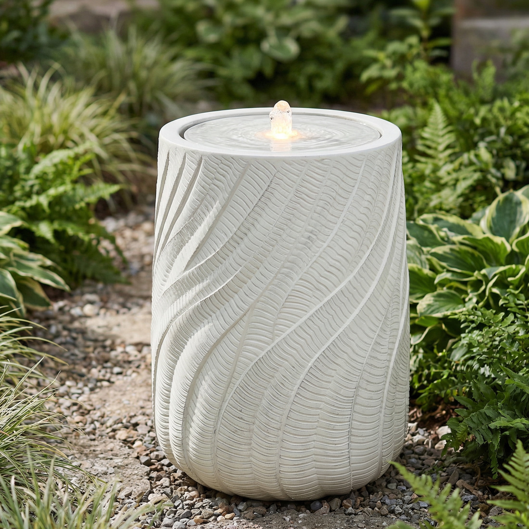 Sunnydaze Textured Spiral White Outdoor Bubble Fountain, LED Light