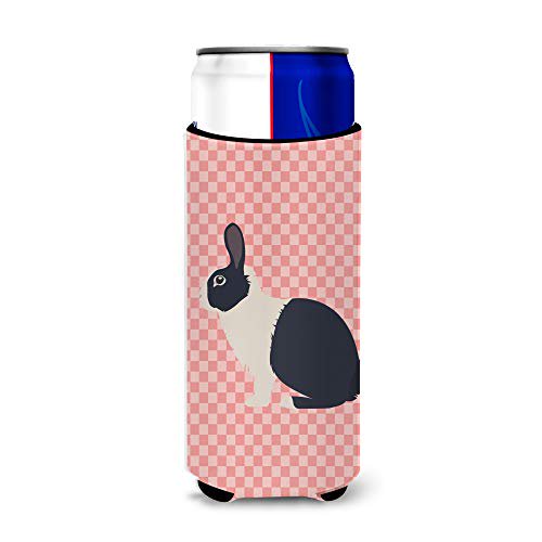 Caroline's Treasures BB7958MUK Caroline's Treasures Dutch Rabbit Pink Check Decorative Can Hugger Slim Multicolor""