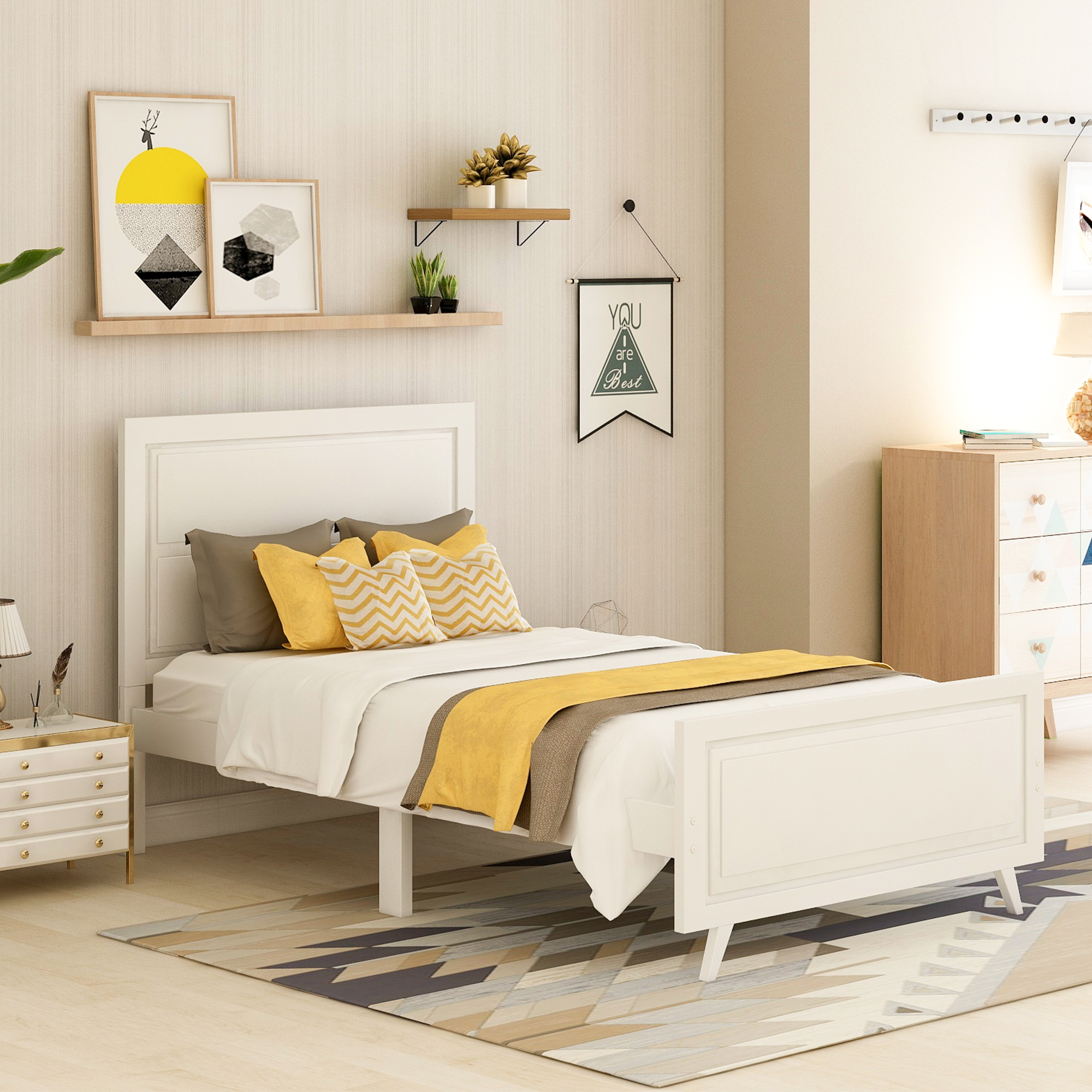 Twin Bed Frame with Headboard, Wood Single Bed Frame Wood Platform Bed, Twin Single Bed Frame w/ Wood Slat, Twin Platform Bed Frame for Kids, Platform Twin Bed Frame No Box Spring Needed, White, R108 - image 1 of 6