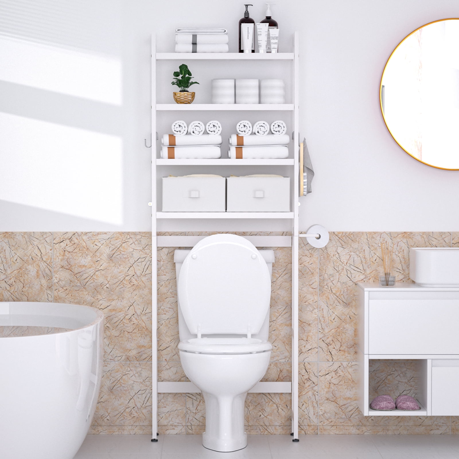 Enogets Over the Toilet Storage, Bamboo Bathroom Shelf Organizer with 2 Baskets & 4 Hooks, 4-Tier Space Saver