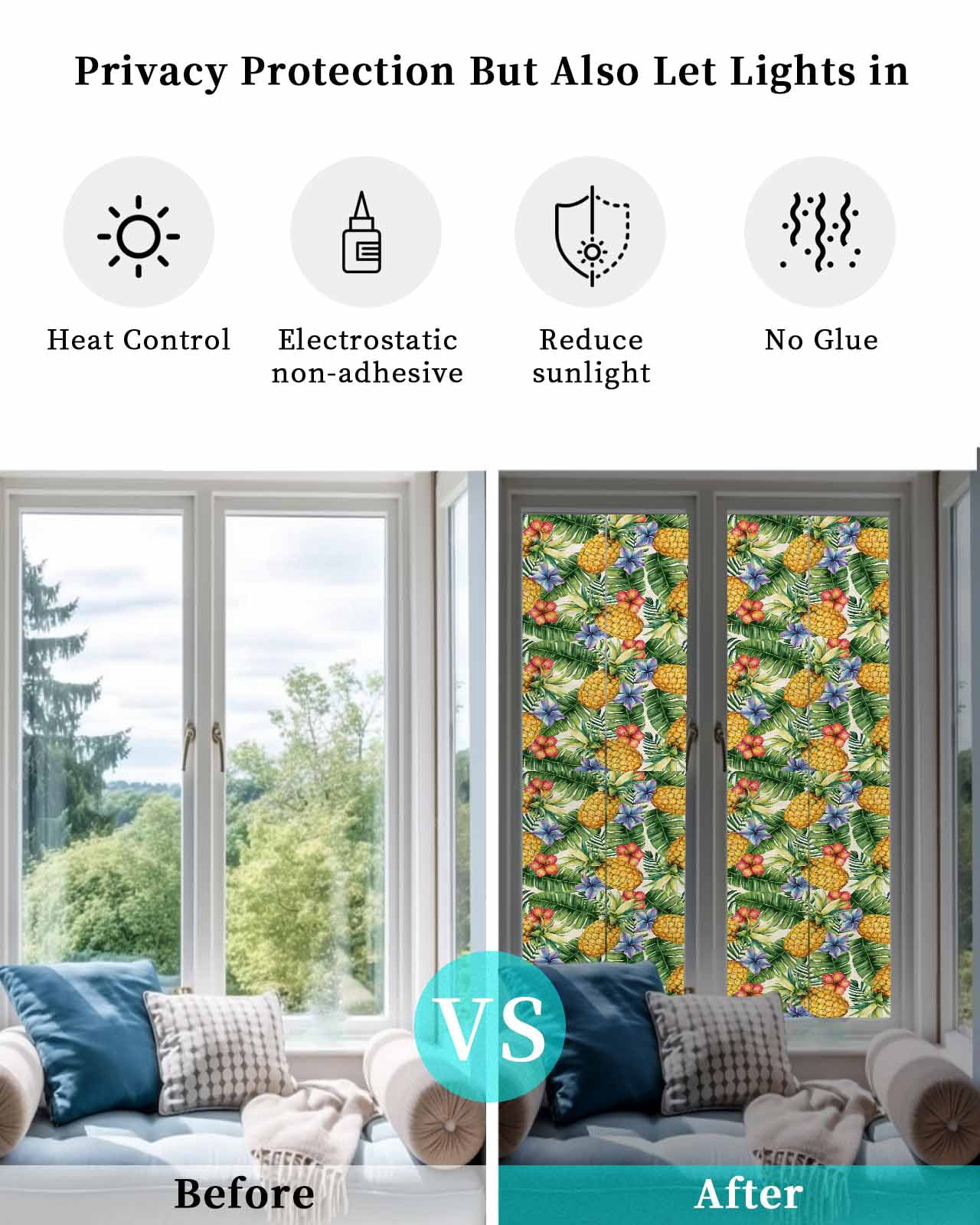 Window Privacy Film Pineapple Stained Glass Window Film Decorative Sun Block Window Cover Tropical Plants Flowers Fruit Watercolor Window Clings Static Adhesive Sticker for Bathroom 17.7"x78.7"