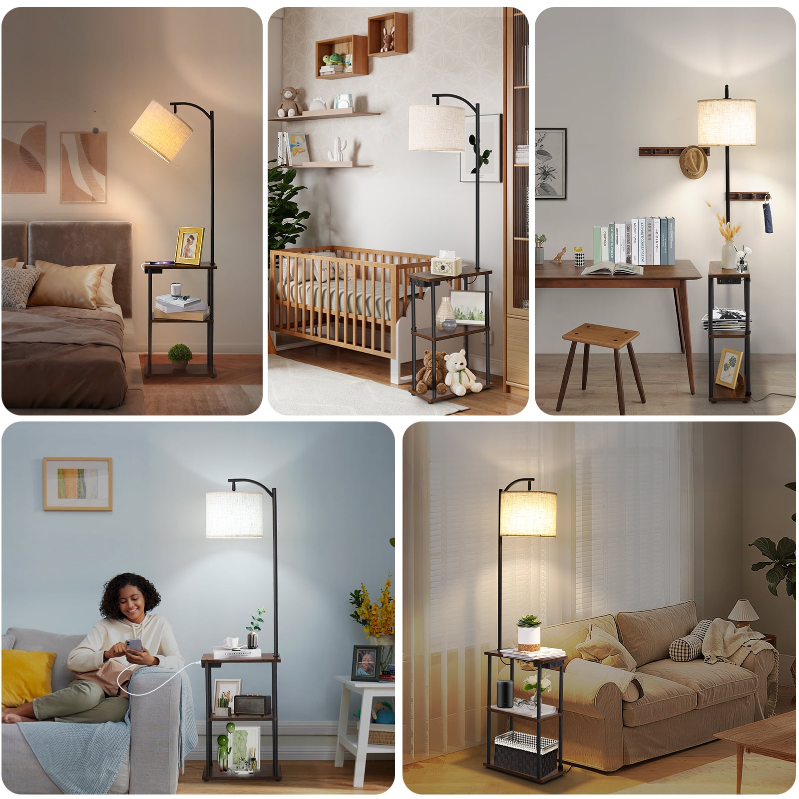 JOPESO Floor Lamp with Table, End Table for Living Room with Lamp & Charging Station(USB & Type-C & AC Port), 3 Color Temperatures LED Bulb