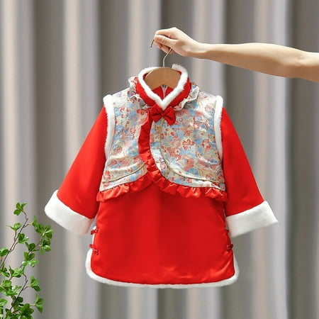 

WERYOUNG Toddler Kids Girls Winter Retro Thickened New Year Tops Skirt Dress Clothing Outfit Child Simple Clothing