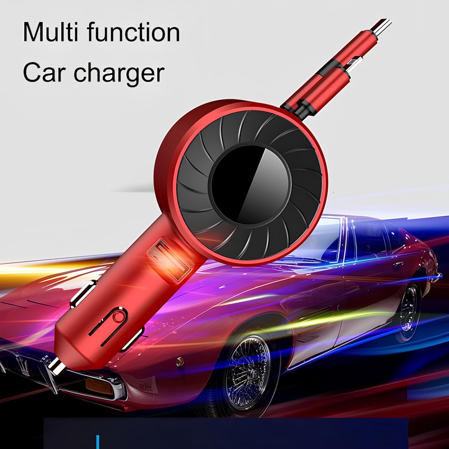 Wiher Retractable Fast Car Charger compatible for iPhone and Android with Dual Port USB C Cables 4-in-1 with Ports Adapter Car interior Accessories Red