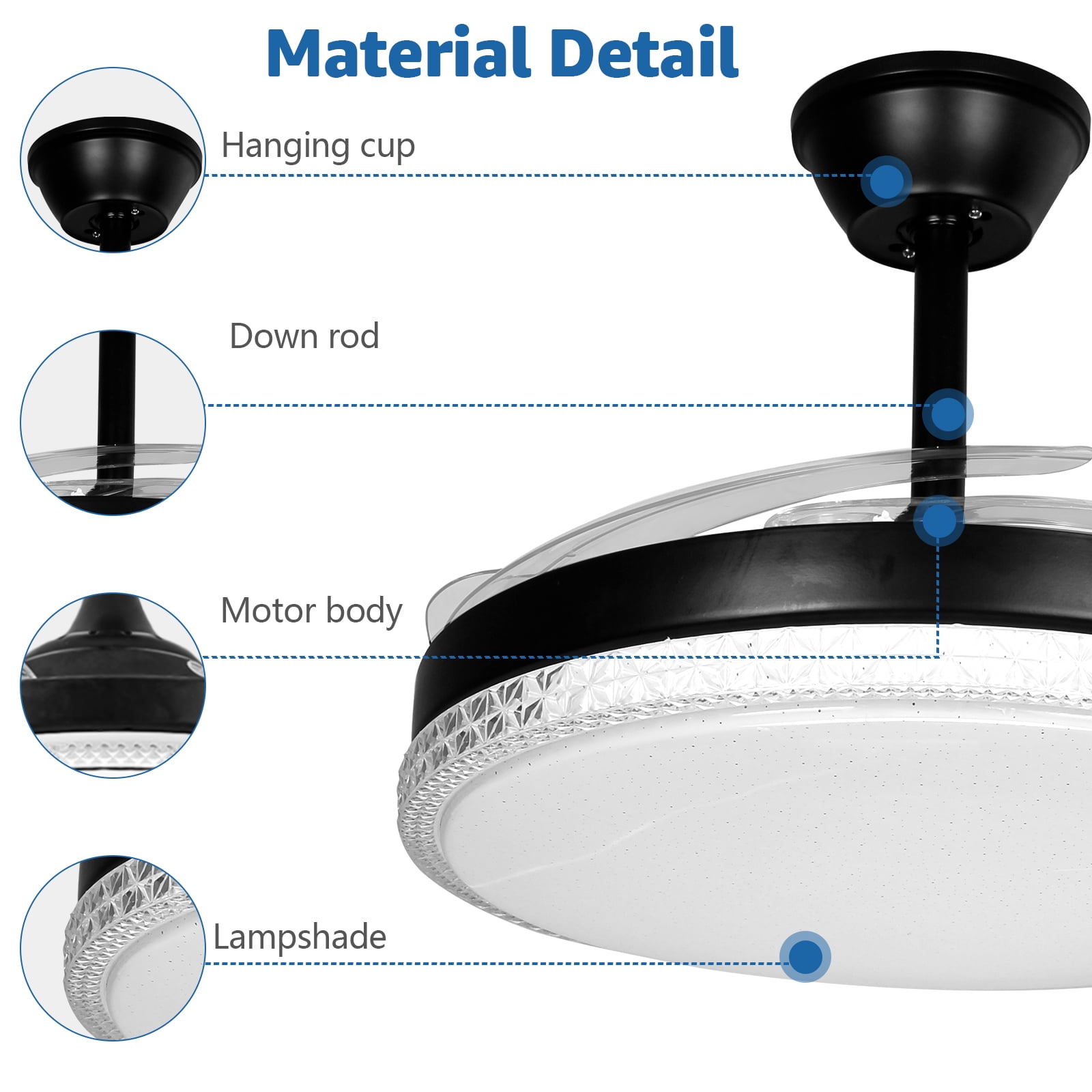 RJFKSNC 42" Retractable Ceiling Fan with Light,Acrylic chandelier, Dimmable LED 3000K-6500K, 6 Speeds, Reversible Motor, Remote & APP Control, for Living Room Bedroom Dining Room