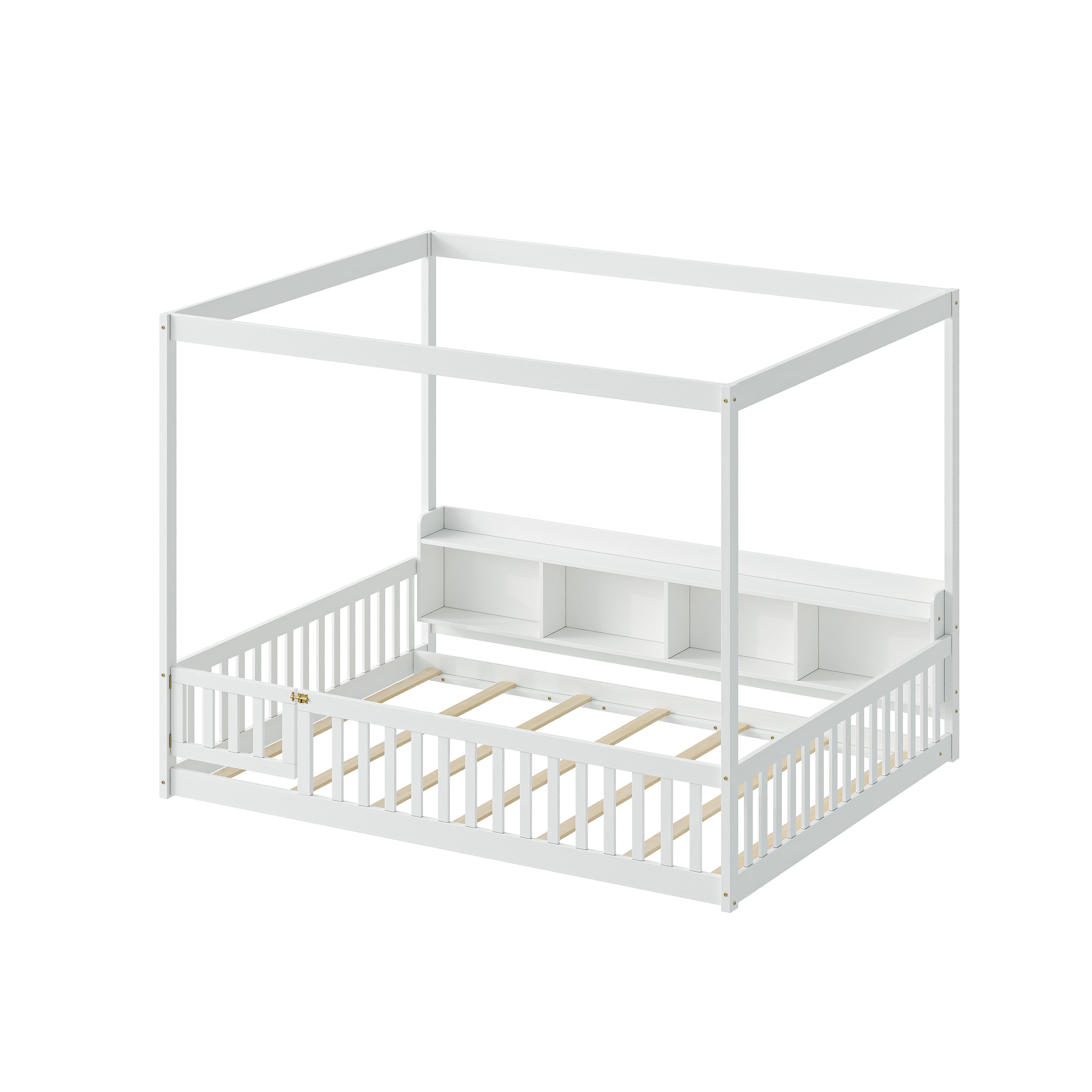 GARITIN Full Size Montessori Floor Bed, Headboard with Open Storage Cubbies, 4-Sided Guardrails with Access Door, Dual-Use Bed for Sleeping & Playing, White
