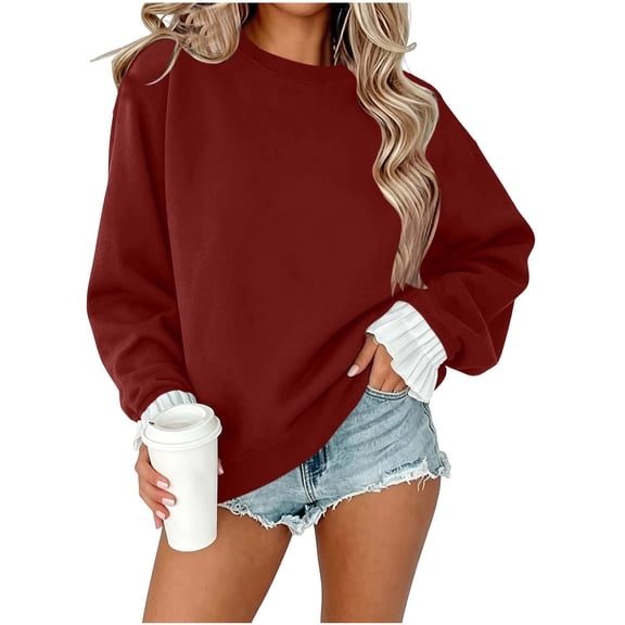 Smupbvky Sweatshirts for Women Crew Neck Tops Ruffle Cuff Pullover Fall Winter Sport Blouse Long Sleeve Shirts (XL, Wine)