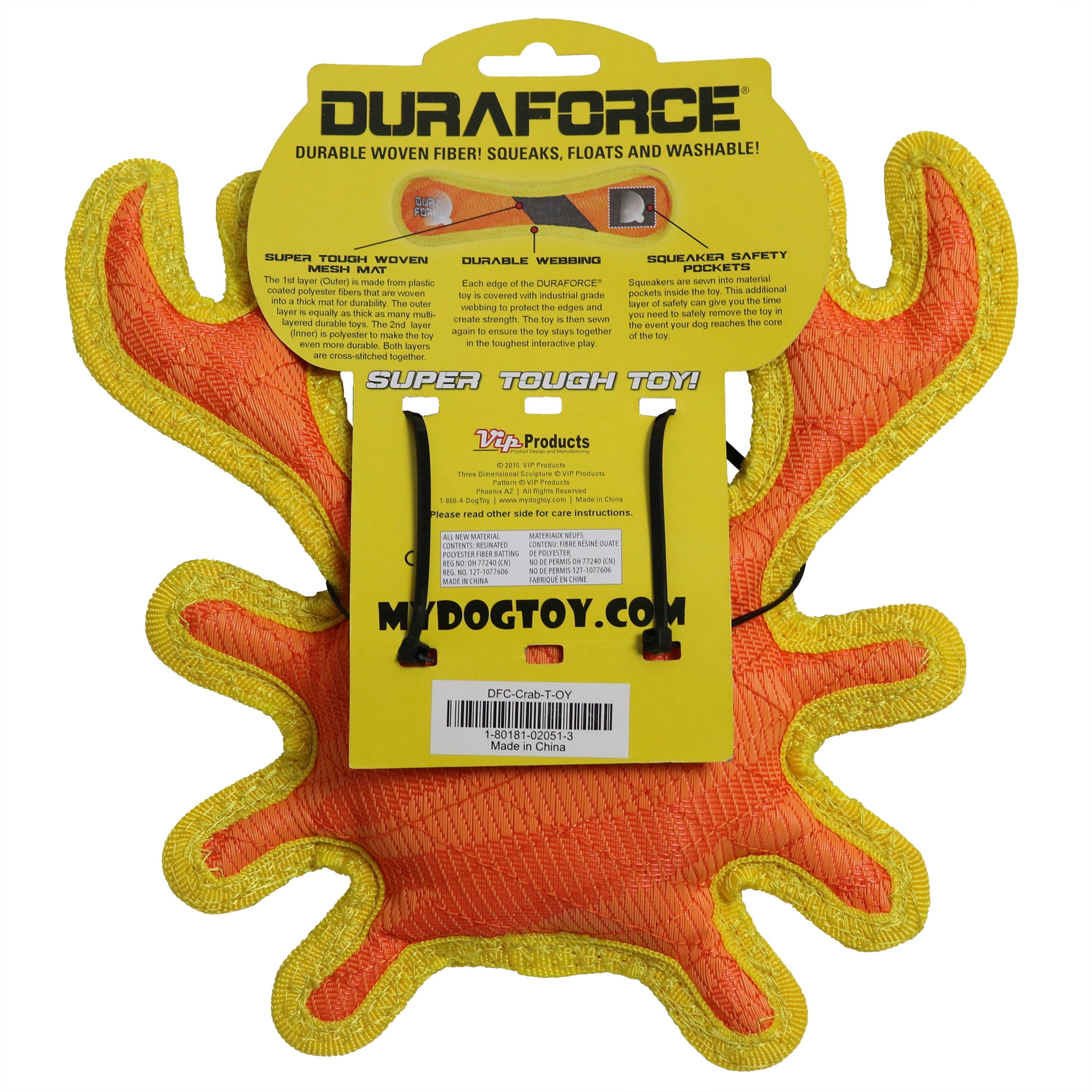 DuraForce Crab Tiger Orange-Yellow Durable Woven Fiber Dog Toy