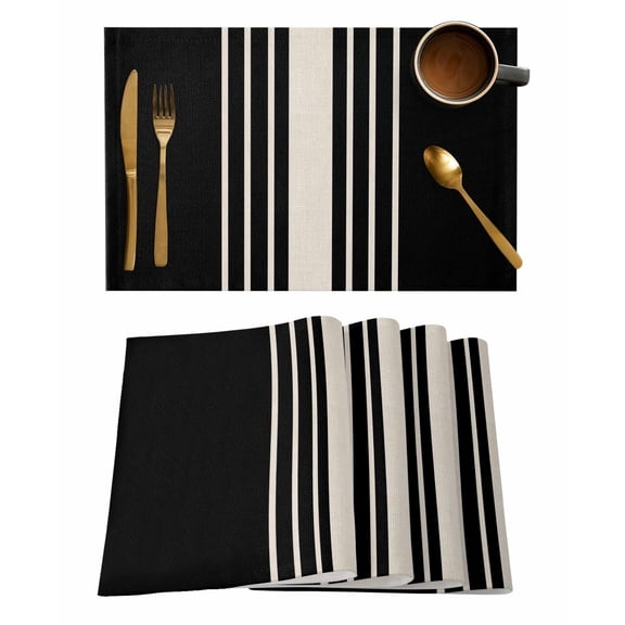 Placemats Set of 4, Black Beige Striped Woven Placemat, Linen Place Mats for Kitchen/Dining Tables, Modern Farmhouse Retro Lines Washable Table Mats for Party