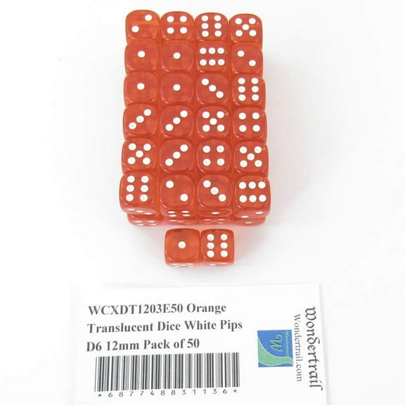 Orange Translucent Dice with White Pips D6 12mm (1/2in) Pack of 50 Wondertrail