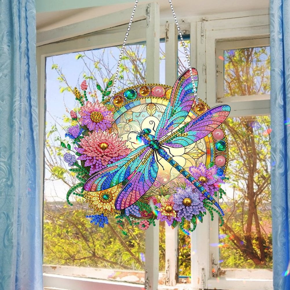 Diamond Art Painting Pendant Kits Painting Art Hanging Kit Dragonfly DIY Diamond Crystal Window Pendant Kit for Adults Gift Wall Home Decoration