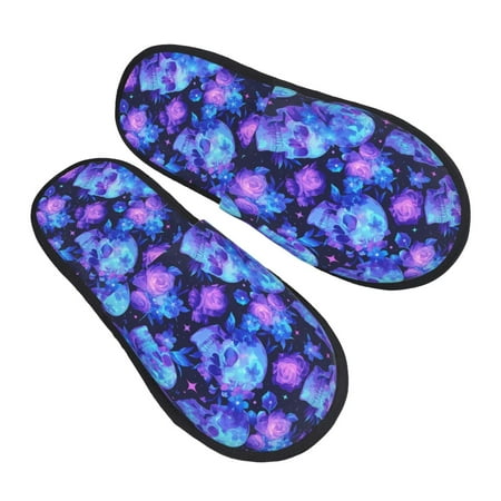 

KLL Skull flower star sky Slippers for Women Men House Slip on Indoor Outdoor Bedroom Furry Fleece Lined Ladies Comfy Anti-Skid Rubber Hard Sole-Large