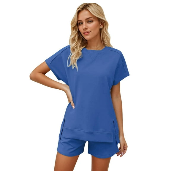 Womens Pajama Set 2 Piece Lounge Outfits Summer Sleepwear V Neck Short Sleeve Capri Pant With Pockets Ladies Pjs