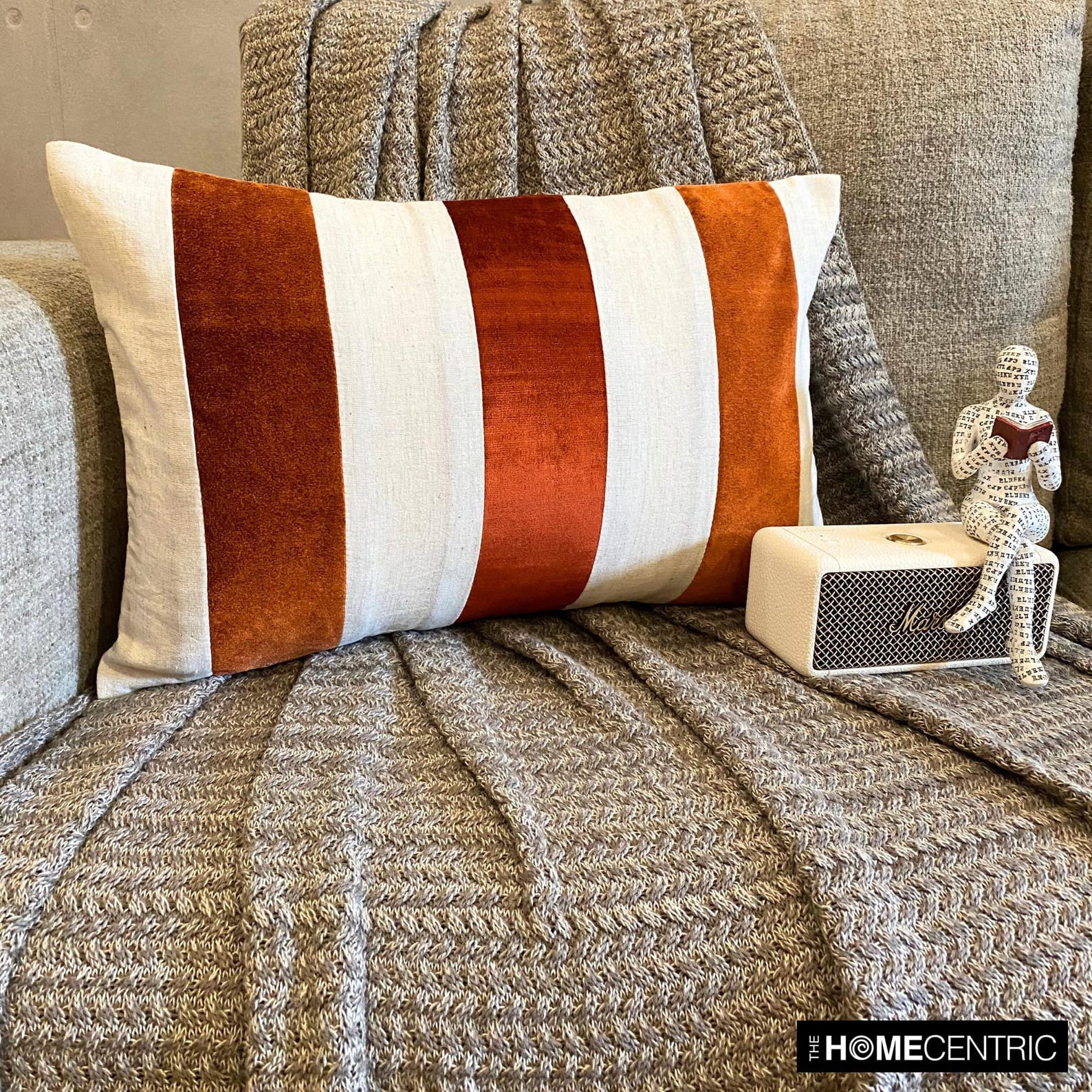 The HomeCentric Decorative Lumbar Pillow Cover Orange, 12"x22" (30x55 cm) Velvet & Linen Patchwork, Color Block, Halloween, Fall, Autumn Decor, Home Décor Oblong Cushion Cover, Striped- Swathe Orange
