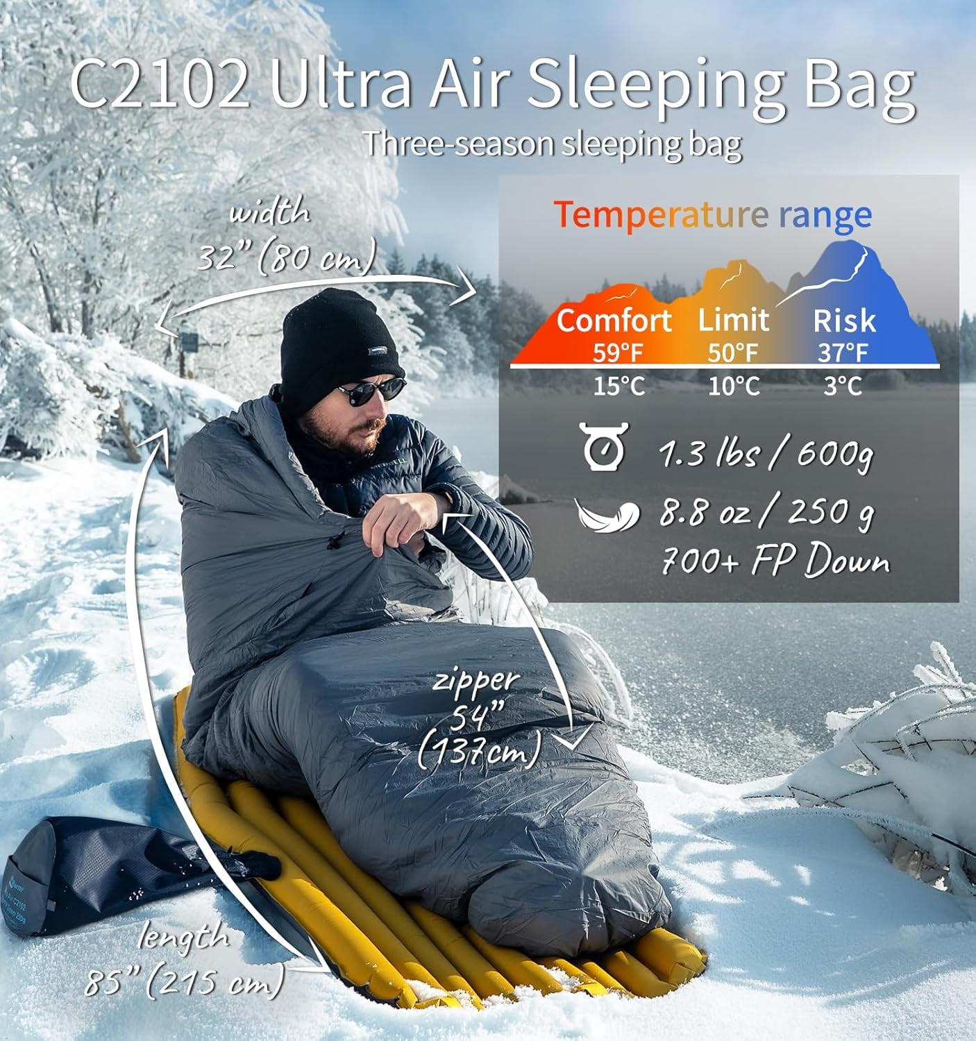 Litume Down Mummy Sleeping Bag, Ultra Lightweight 1.3 lbs, 700 Fill Power, 50°F/ 10°C, Compact Sleep Sack for Warm Weather Camping, Hiking, Travel – C2102
