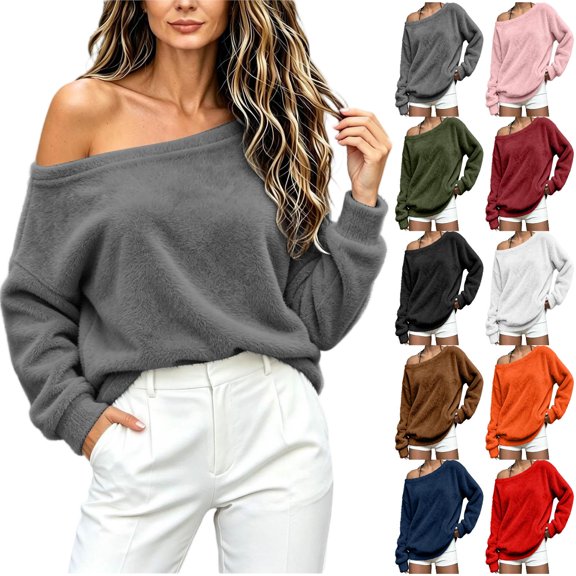 Tqcoqu Off the Shoulder Fuzzy Fleece Pullover Tops for Women, Long Sleeve Solid Color Loose Casual Warm Top, 2026 Fall Winter Fashion Clothes