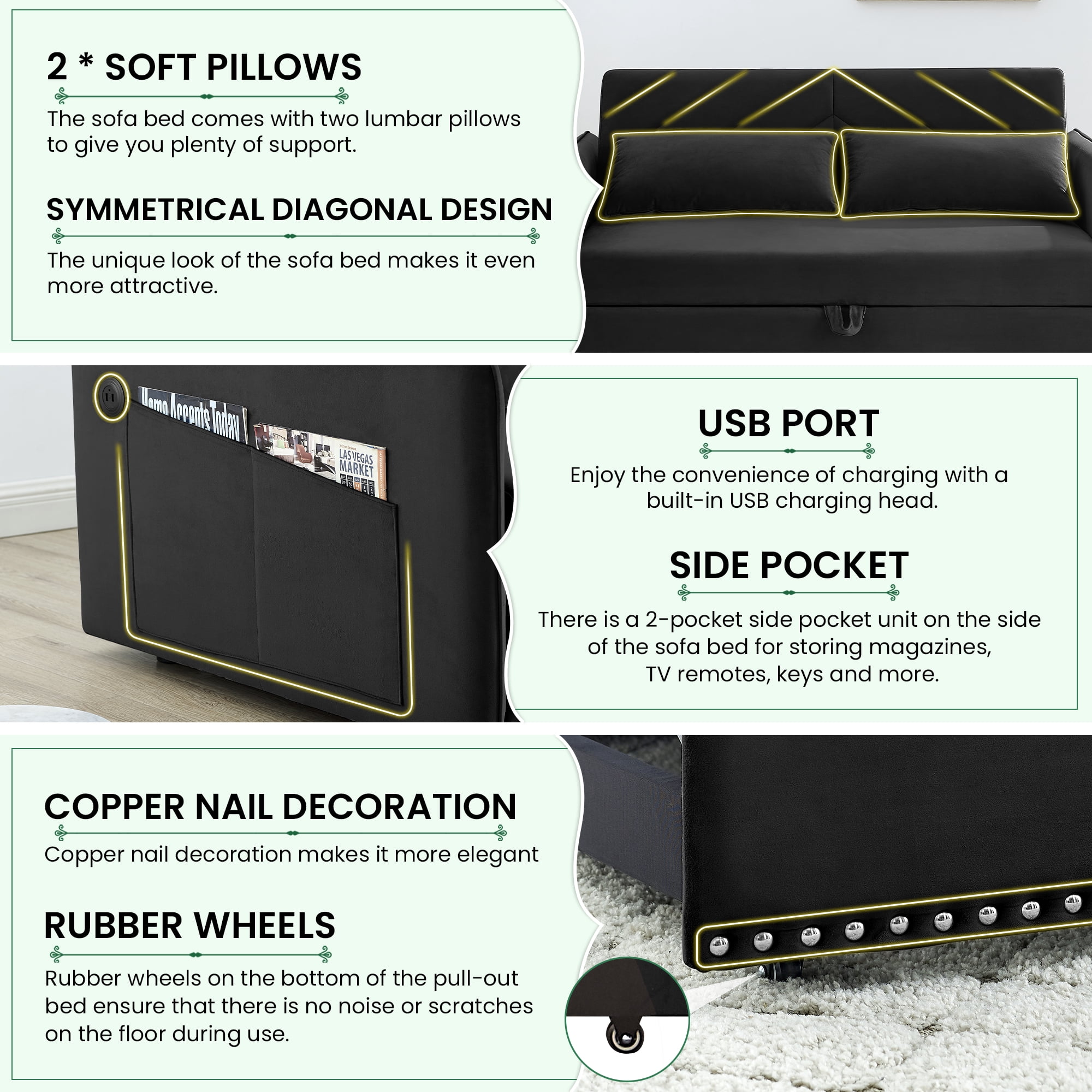 Dinosisco Convertible Sleeper Loveseat with USB, 55" Velvet Futon Sofa Bed, Black