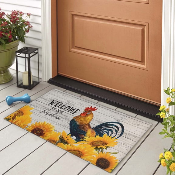 Culturalnav Farmhouse Rooster Sunflower Theme Doormat Outdoor Indoor Floor Mats Kitchen Rug Non Slip Entrance Doormat 30" x 17"