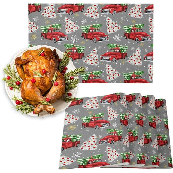 Red Truck Christmas Placemats Set of 6, Merry Christmas Tree Heat Resistant Washable Table Place Mats Winter Snowflake Grey Cotton Table Linens Party Holiday Decor for Kitchen Dining Outdoor Indoor