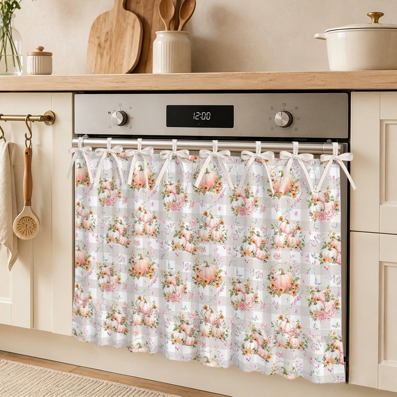 Pumpkin Gray Oven Skirt Curtain Buffalo Plaid Thanksgiving Tie Top Tier Curtains Stove Dishwasher Skirt Small Window Drapes for Kitchen Bathroom Cafe 30 x21.5