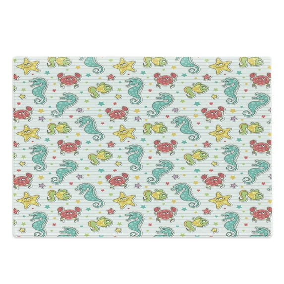 Cartoon Cutting Board, Sea Creatures with Seahorse Crabs Fish Aqua Drawing Style, Decorative Tempered Glass Cutting and Serving Board, Large Size, Teal Mustard Dark Coral, by Ambesonne
