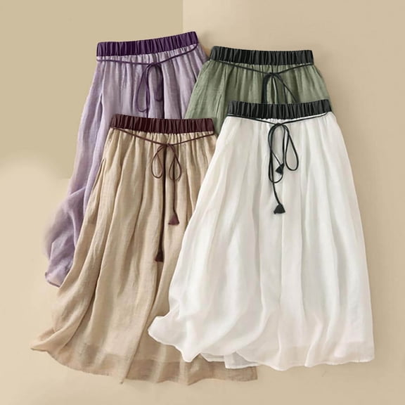 WWV Womens Skirts Elastic Waist Flowy Swing Layered Cotton Linen Skirt Dress with Drawstring Summer Solid Color Vintage Ladies Loose Fit Birthday Party Skirt Green L