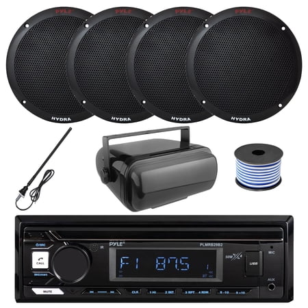 Pyle PLMRB29B2 Single DIN Marine USB Bluetooth AM/FM MP3 Stereo Receiver w/Cover 4x 6.5 400 Watt Max Dual Cone Black Boat Speakers Radio Antenna Speaker Wire