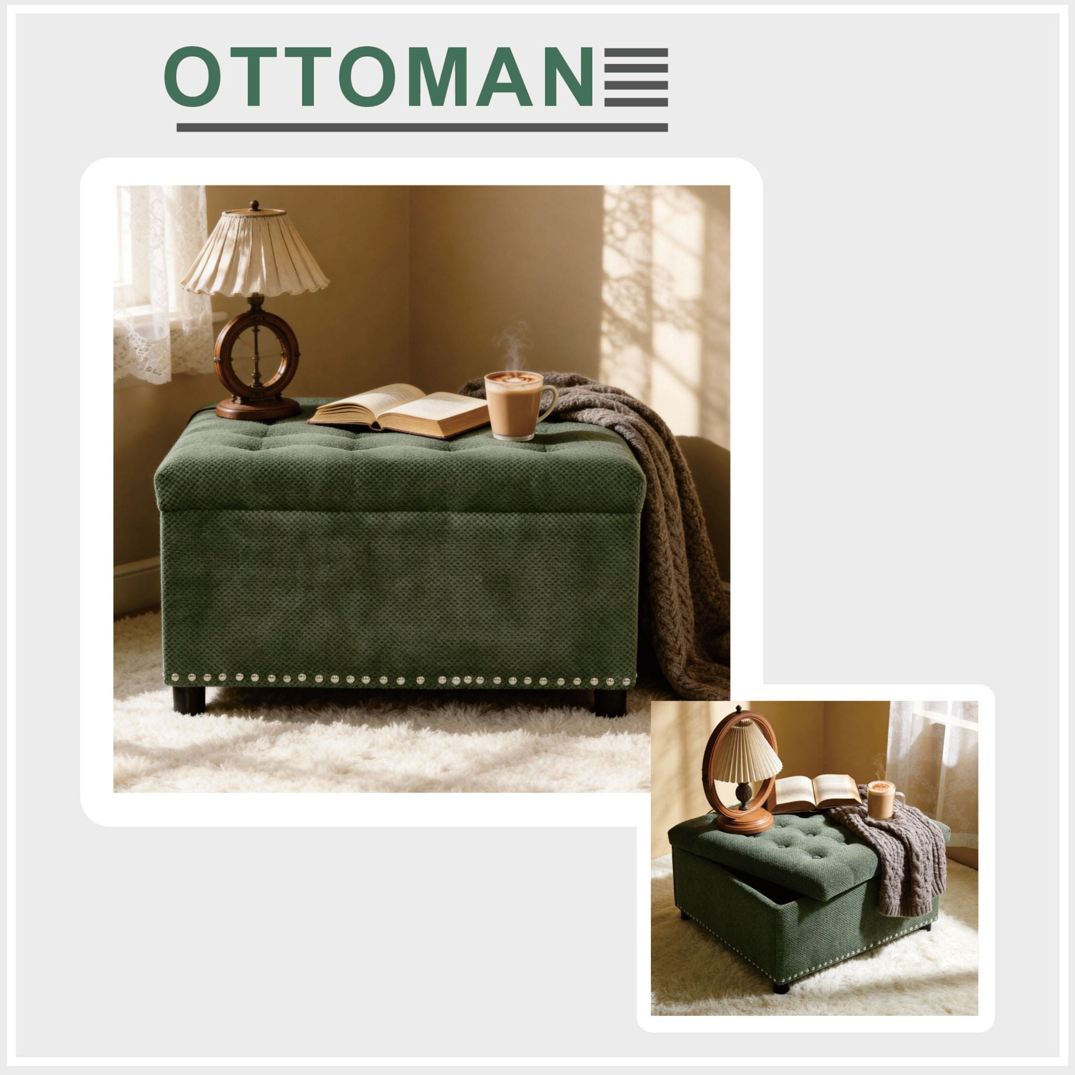 Noble House 30" Square Storage Ottoman with Tufted Top, Nailhead Trim, Green