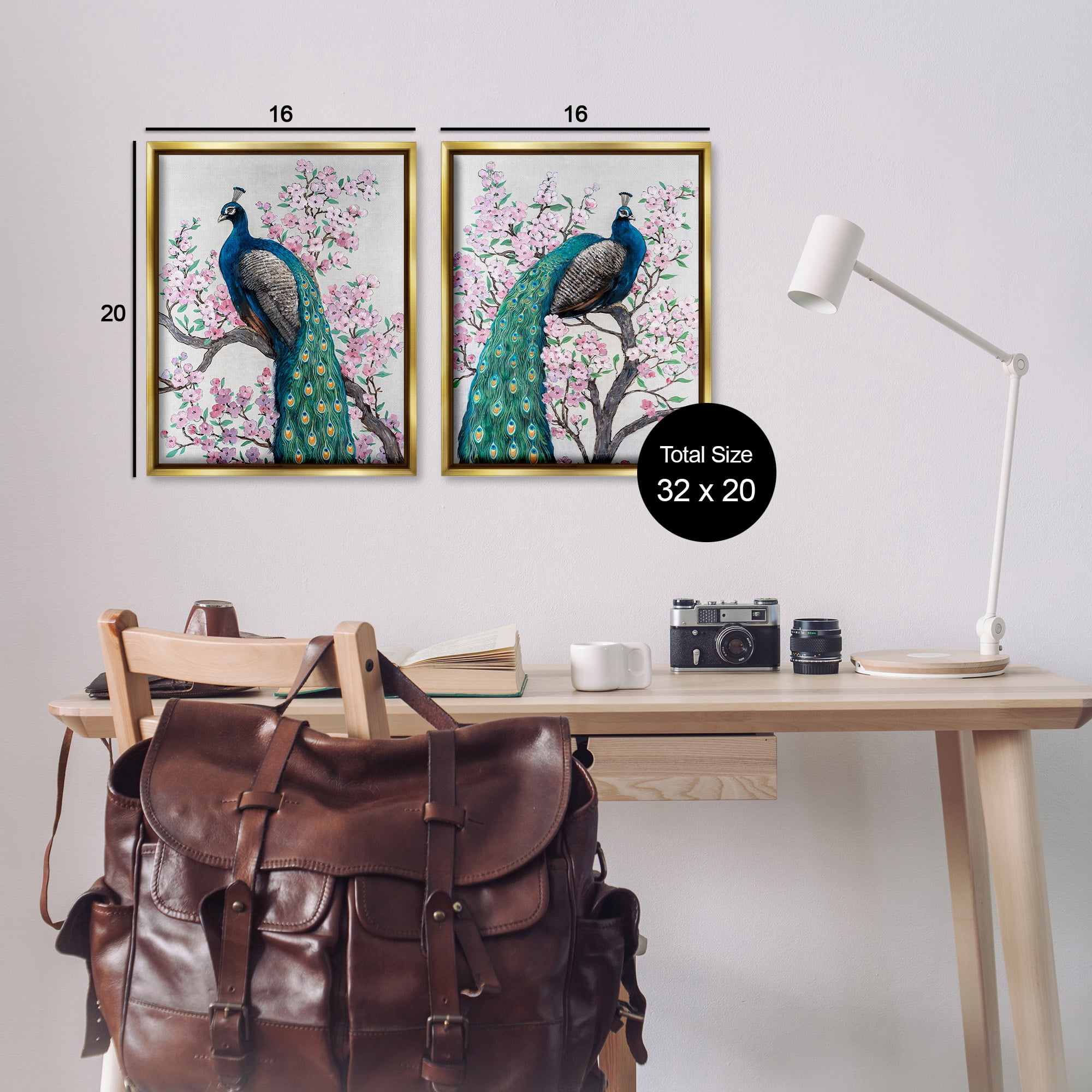 Stupell Industries Floral Peacocks Perched Animals & Insects Painting Gold Floater Framed Canvas Art Print Wall Art, 17 x 21, Set of 2