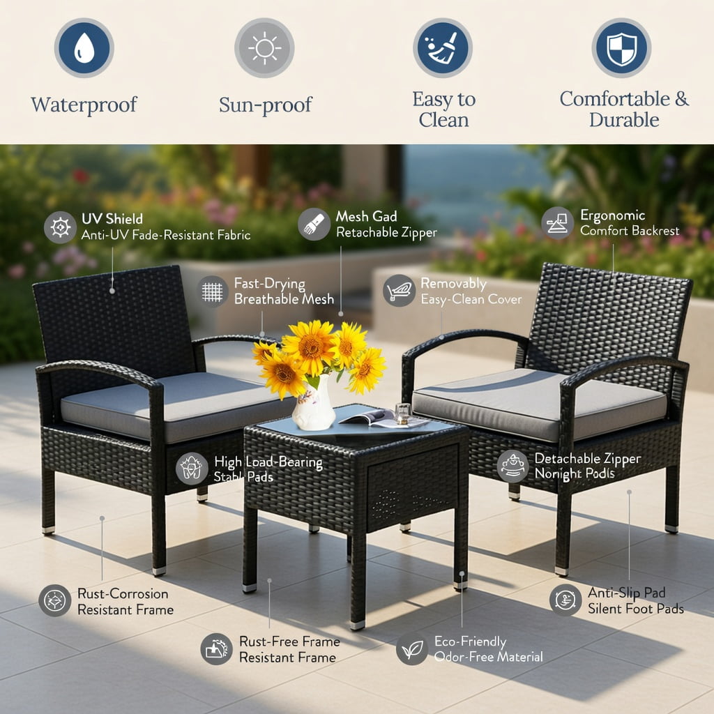 Hommoo 3-Piece Outdoor Rattan Patio Conversation Set, PE Wicker Chairs & Tempered Glass Coffee Table for Backyard, Balcony, Poolside, Gray