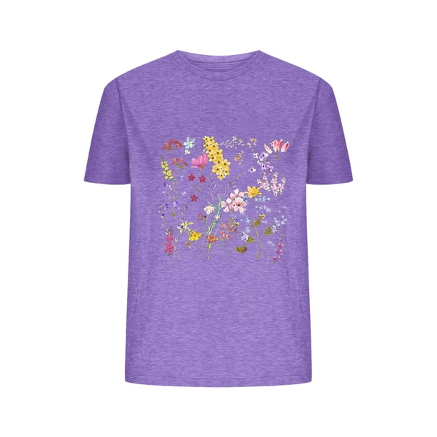 Camisetas de Verano de Mujer Pequeña Flor Impresa Cuello Redondo Manga Corta Superior, Verano Superior de las Mujeres