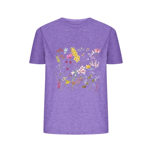 Camisetas de Verano de Mujer Pequeña Flor Impresa Cuello Redondo Manga Corta Superior, Verano Superior de las Mujeres