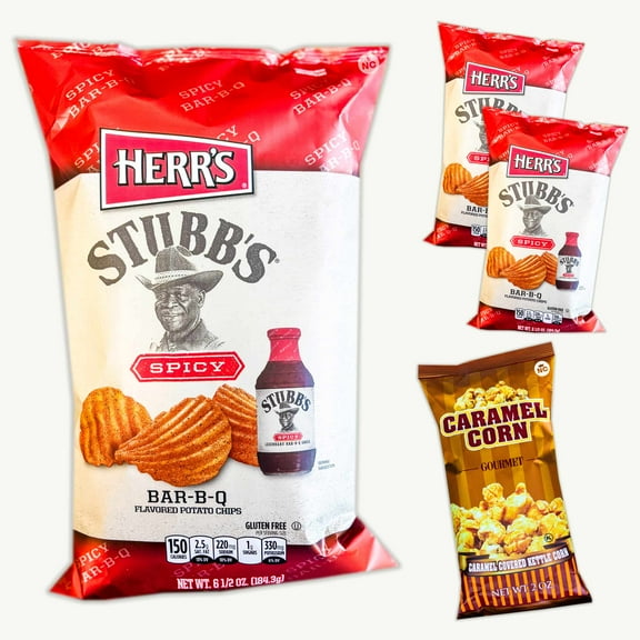 Herr's Stubb's Spicy BBQ Potato Chips (3pks - 6.5oz) - Caramel Kettle Popcorn (2oz) - Gourmet Snack Bundle - 4 Items