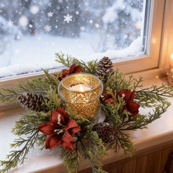 Miniature Winter Pinecone Candle Wreath Faux Floral Candlestick Ring Centerpiece For Dining Table Decor Multicolor 11 Inch