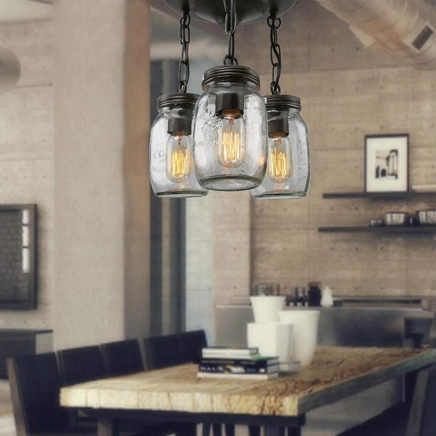 Rustic 3 Mason Jars Chandelier Upthehill Glass Mason Jar Hanging Lamp Kitchen Island Light Flush Mount Ceiling Light Fixture Farmhouse Pendant Lighting