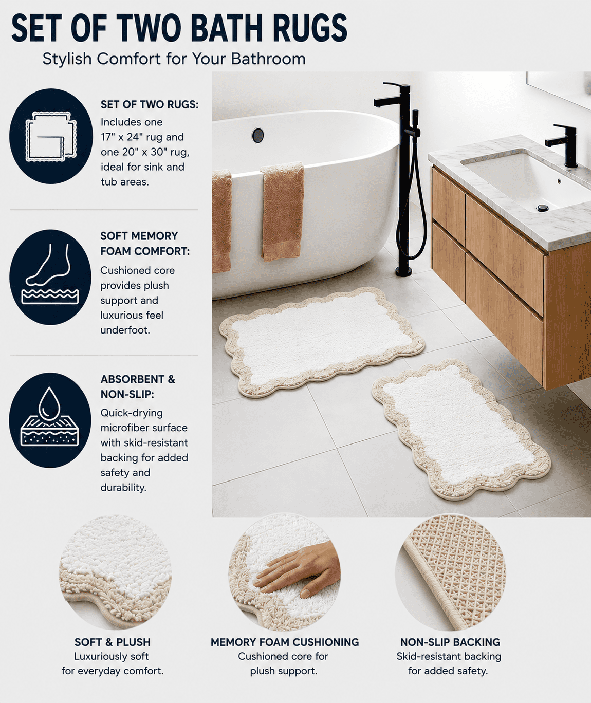 Mainstays 2 Piece Scallop Bath Rug Set, Tan, 17" x 24" & 20" x 30"