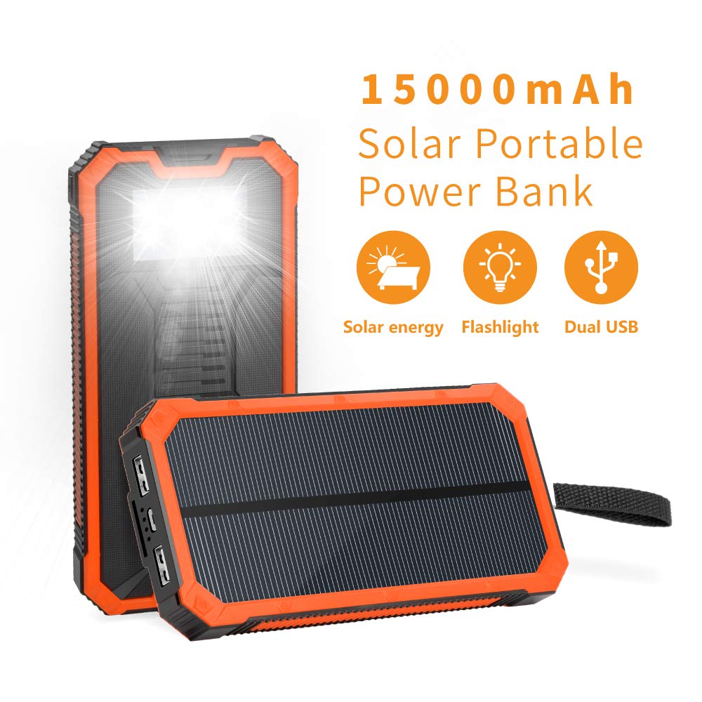 Solar Charger 15000mAh, Elzle Portable Solar Power Bank Dual USB Backup