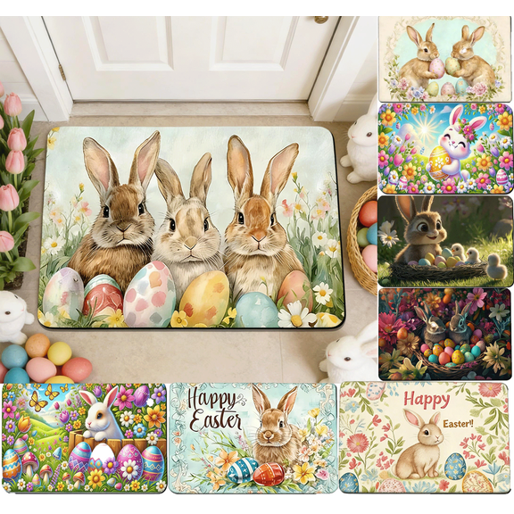 Tyidzon Easter Door Mat, Easter Buny Welcome Doormat, Happy Colorful Rabbit Front Door Mat Non-Slip Backing Spring Doormat for Indoor Outside Entrance Home Decor